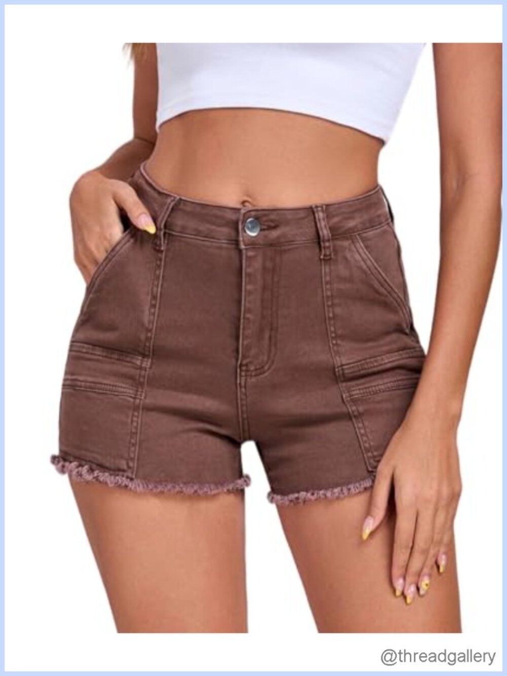 Women's Stretchy Mid Rise Cargo Denim Shorts Raw Hem Jorts Pockets